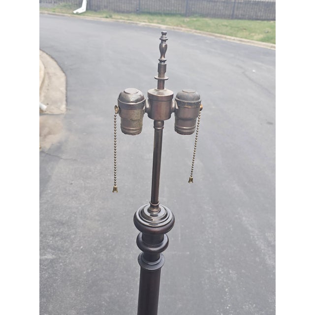Mid-Century Modern Mid-20th Century Mahogany and Brass Inset Dual Lights Floor Lamp For Sale - Image 3 of 11