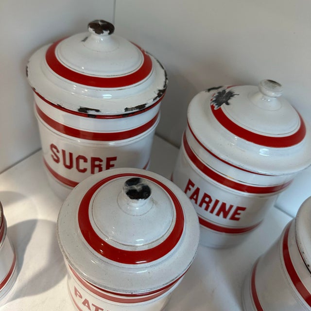 Farmhouse 1930s French Enamel Spice Canister Set of Six in Red & White For Sale - Image 3 of 6