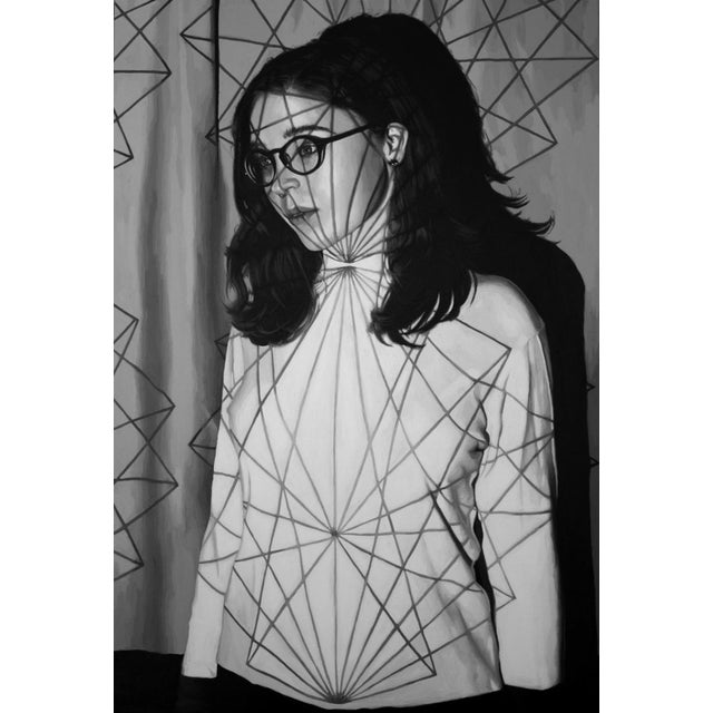 This artwork presents a figure adorned in a geometric pattern that contrasts sharply with the monochromatic background....