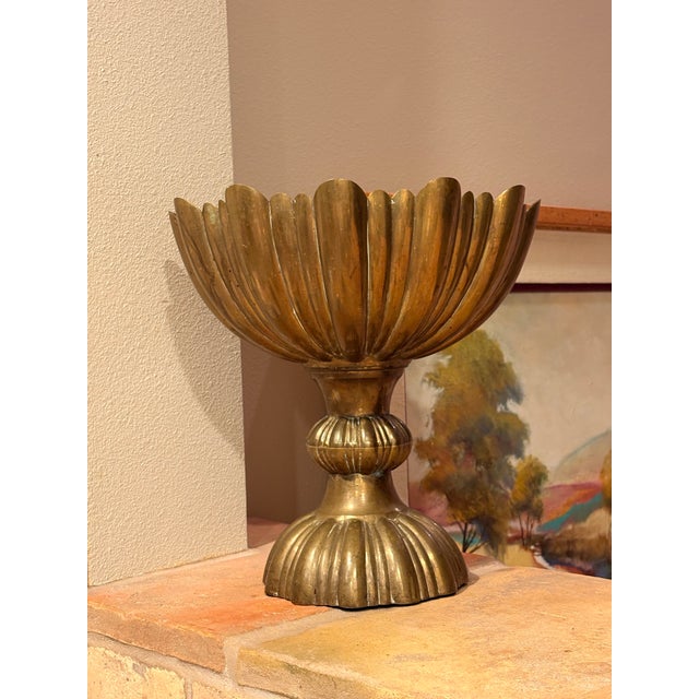 Rustic European Large Vintage Scalloped Ribbed Brass Pedestal Compote Bowl For Sale - Image 3 of 11