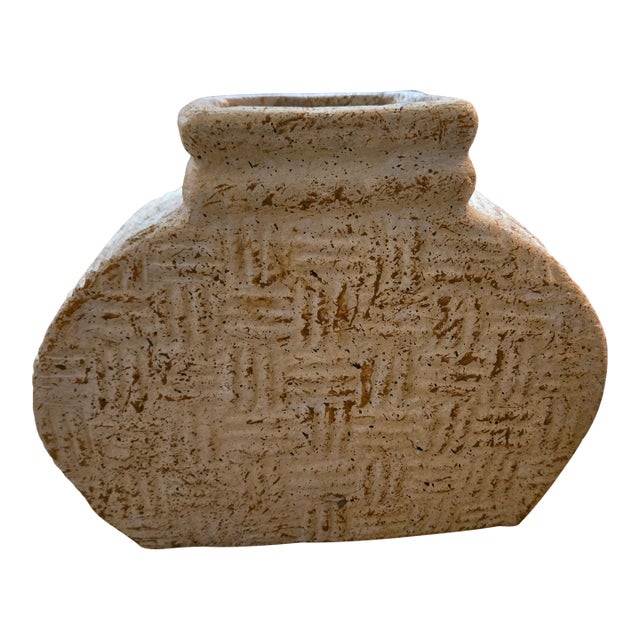 Vintage Earthenware Vessel With Incised Basket Weave Pattern For Sale