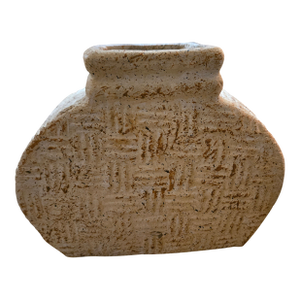 Vintage Earthenware Vessel With Incised Basket Weave Pattern