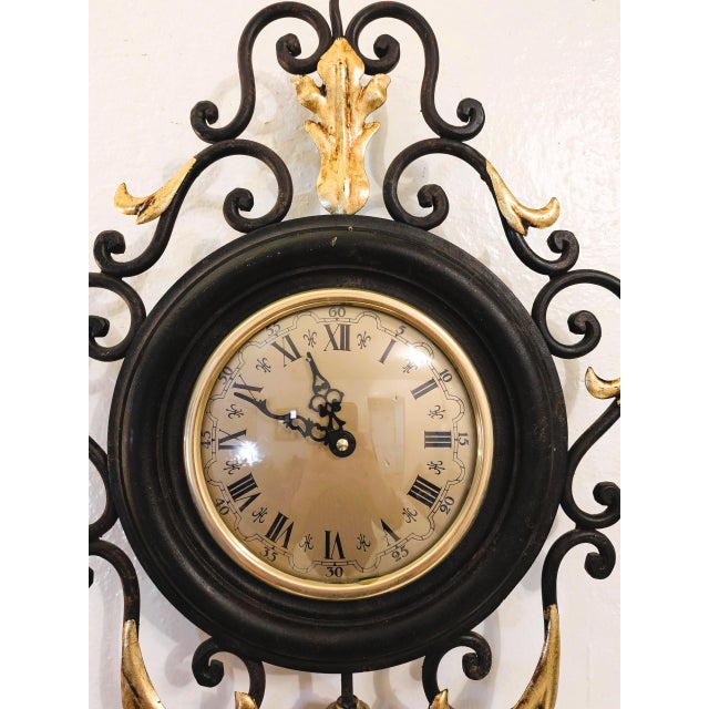 Metal Vintage French Wrought Iron Gilt Tole Wall Clock For Sale - Image 7 of 8