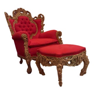 Set of Vintage Chair with Ottoman in Carved and Carved Wood by Urano Palma, 1980 For Sale