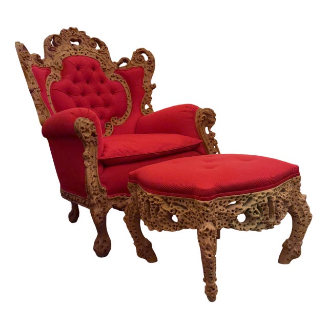 Set of Vintage Chair with Ottoman in Carved and Carved Wood by Urano Palma, 1980 For Sale