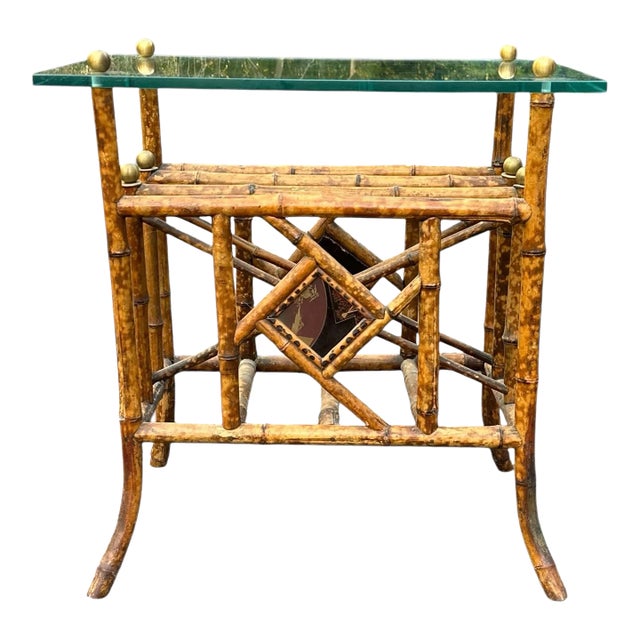Vintage Scorched Bamboo Glass Top Side Table With Brass Ball and Hand-Painted Details For Sale