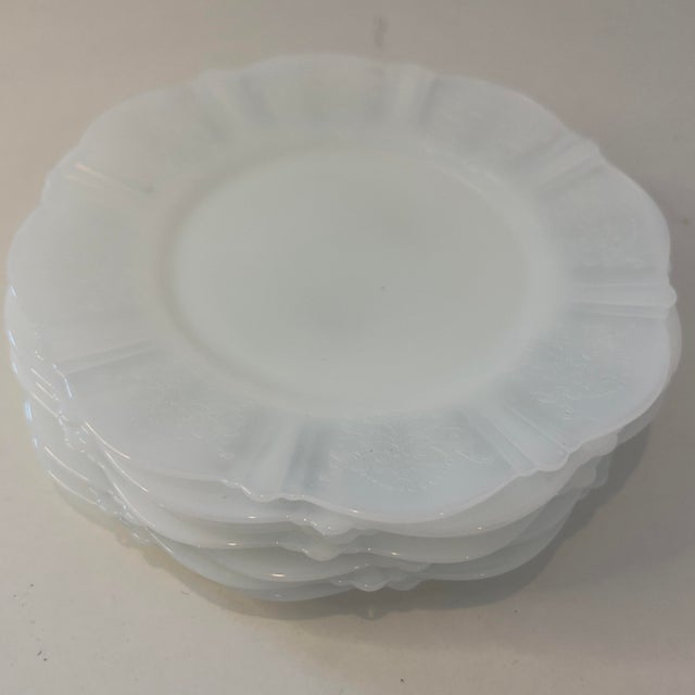 Vintage 1930s Macbeth-Evans American Sweetheart Monax White Opalescent Glass Floral Embossed Dessert Plates, Set of 7 For Sale In Boise - Image 6 of 9