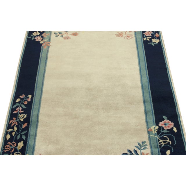 Vintage Chinese Deco Style Rug, Off-White Field, Blue and Pink Floral Border For Sale - Image 4 of 6