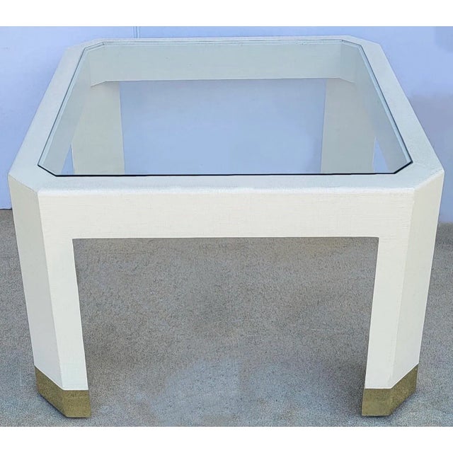 Karl Springer 1970s Modern Karl Springer Style Embossed in Raffia Glass Top Coffee Table For Sale - Image 4 of 5