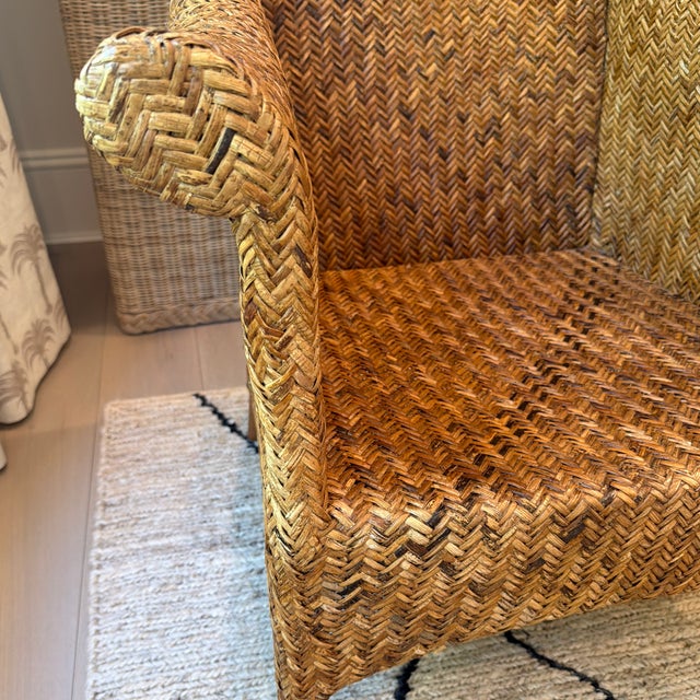 Brown Vintage Philippine Herringbone Woven Rattan Lounge Chair For Sale - Image 8 of 12