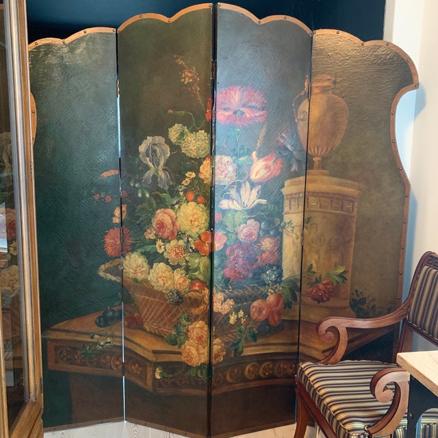Vintage Hand Painted Folding Screen Room Divider Flowers & Fruit For Sale - Image 11 of 12