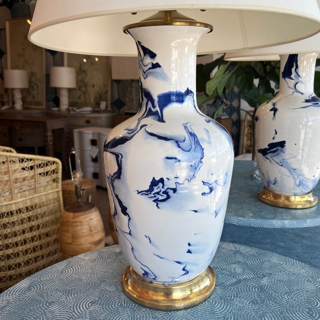 Christopher Spitzmiller Ming Lamp Delft Blue Marble with 23k Gold Water Gilt Bases and Brass Double Socket Clusters In...