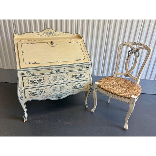 French Vintage La Barge Hand Painted Blue and White French Secretary Desk and Chair For Sale - Image 3 of 11