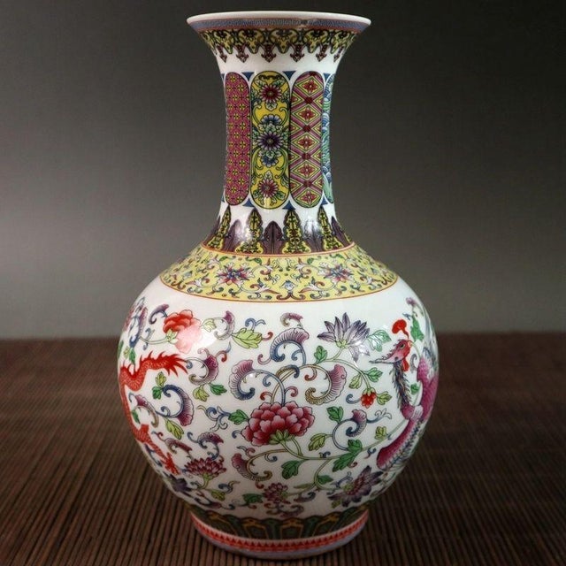 Vintage Famille Rose Porcelain Vase With Red Dragon & Floral Motif For Sale - Image 9 of 9