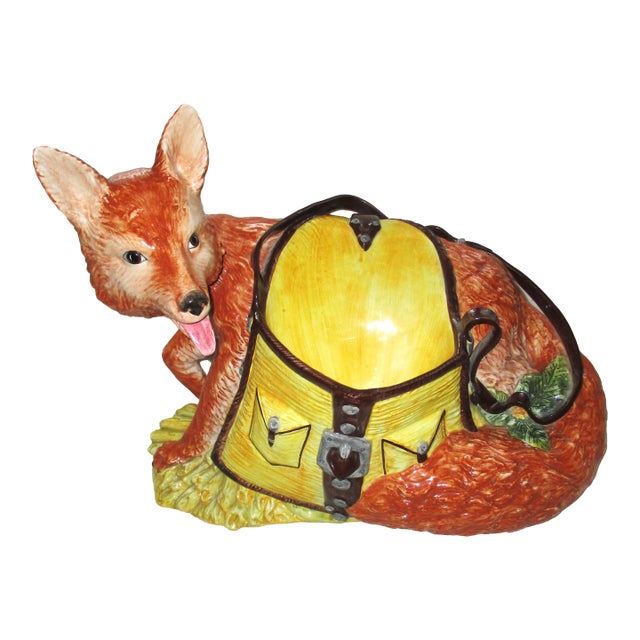 Vintage Huge Mid Century Italian Ceramic Fox and Mail Satchel Chache Pot For Sale