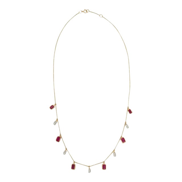 English 3.42ct Red Ruby Charm Necklace in 18k Yellow Gold With Diamond Charms For Sale - Image 3 of 10