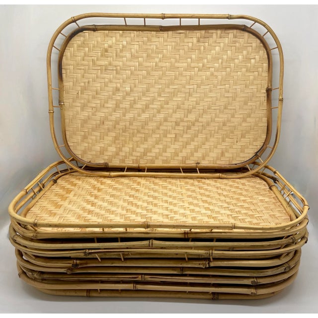 Vintage Boho Woven Rattan & Bamboo Stacked Serving Trays - Set of 8 For Sale - Image 4 of 11