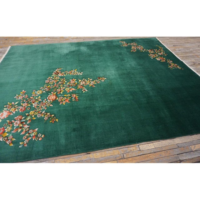 Art Deco Antique Green Field Chinese Room Size Knotted Wool 1930s Rectangle Art Deco Rug For Sale - Image 3 of 10