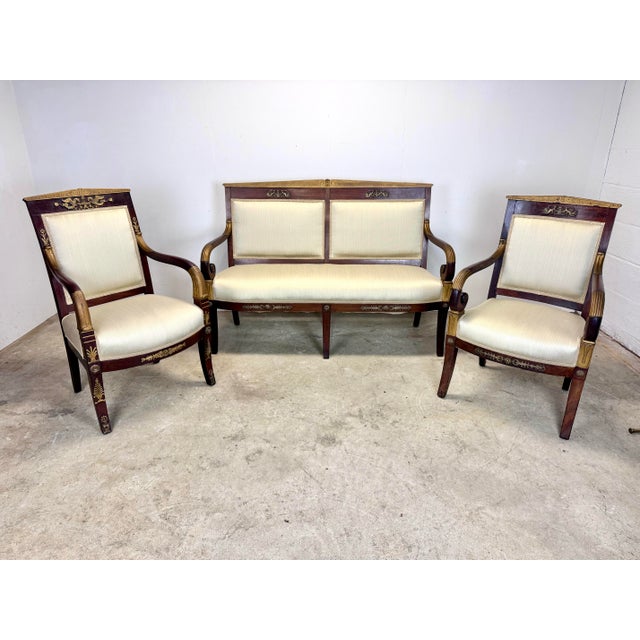 Antique French Empire Parlor Suite Set Settee & King / Queen Armchairs Restored For Sale - Image 12 of 12