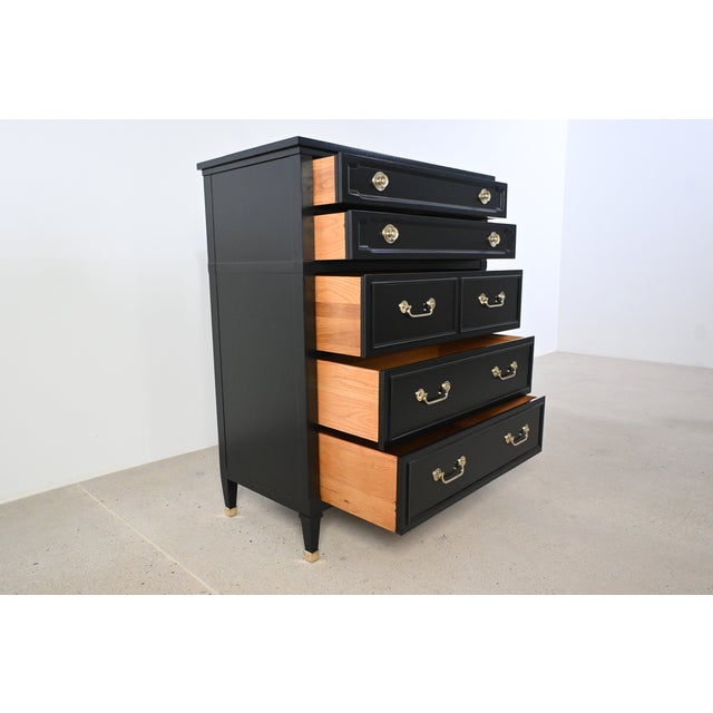 French Louis XVI Style Black Lacquered Highboy With Brass Hardware | Newly Refinished For Sale - Image 9 of 18