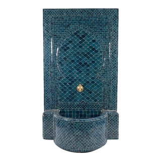 Vintage Moroccan Teal Zellige Tile Wall Fountain For Sale