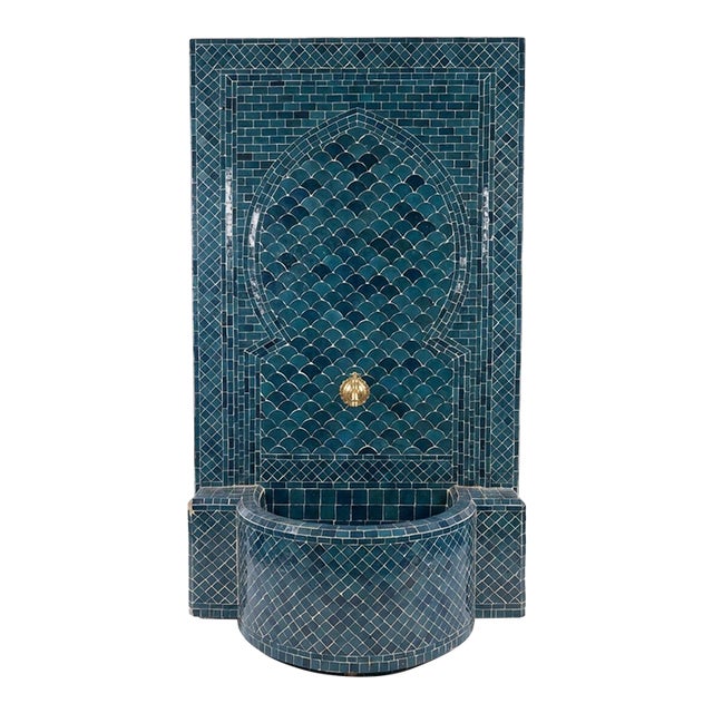 Vintage Moroccan Teal Zellige Tile Wall Fountain For Sale