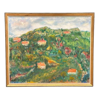 Lalla Blecher, Hilly Landscape with Houses, 1950s, Oil on Canvas, Framed For Sale