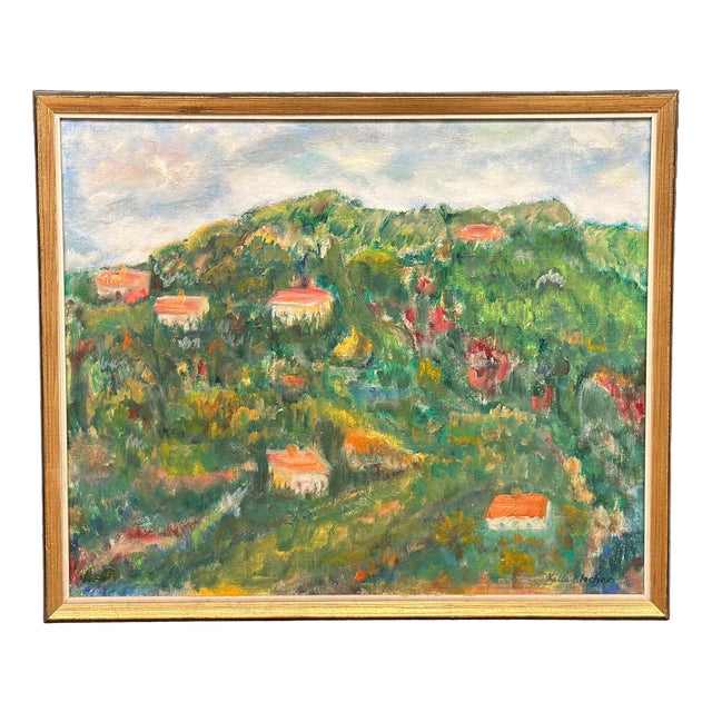 Lalla Blecher, Hilly Landscape with Houses, 1950s, Oil on Canvas, Framed For Sale