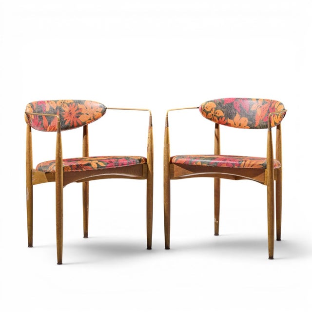 Dan Johnson for Selig Viscount Mid Century Brass and Walnut Chair - Pair Each chair measures: 22 wide x 20.5 deep x 27.75...