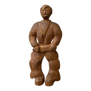 Vintage Miniature Carved Rancher Sculpture With Barrel Jeans, Circa 1940s For Sale
