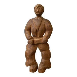 Vintage Miniature Carved Rancher Sculpture With Barrel Jeans, Circa 1940s