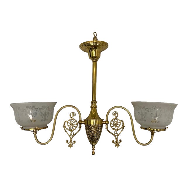 Vintage 2- Light Art Nouveau Converted Gas Chandelier Gothic Fleur De Lis Glass For Sale
