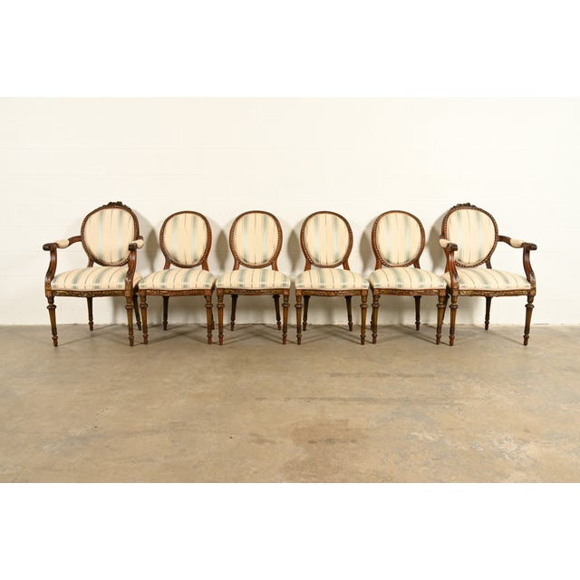 French Karges Style French Regency Louis XVI Carved Mahogany and Gold Gilt Dining Chairs, Set of Six For Sale - Image 3 of 14