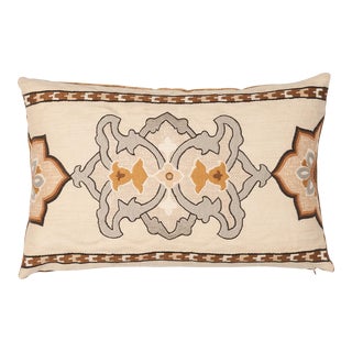 Schumacher Temara Embroidered Print Pillow in Natural 25X16" For Sale
