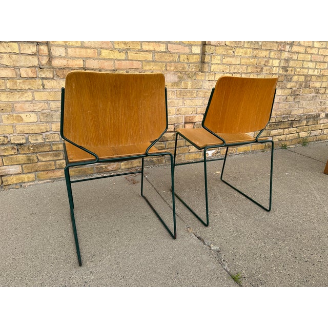 Vintage German School Chairs – Set of 8 – Green Metal + Plywood (Stackable) For Sale In Minneapolis - Image 6 of 8