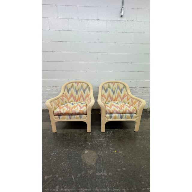 Hollywood Regency Baker Furniture Pencil Reed Rattan Lounge Chairs, 1980s, Set of 2 For Sale - Image 3 of 14
