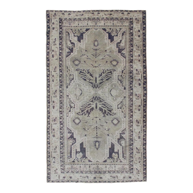 Vintage Hand Knotted Turkish Oushak Rug With Dual Medallion Design in Dark Blue and Taupe For Sale