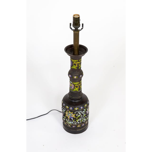 Tall Black Champleve Enamel Bronze Lamp With Polychrome Flower Design For Sale - Image 4 of 11