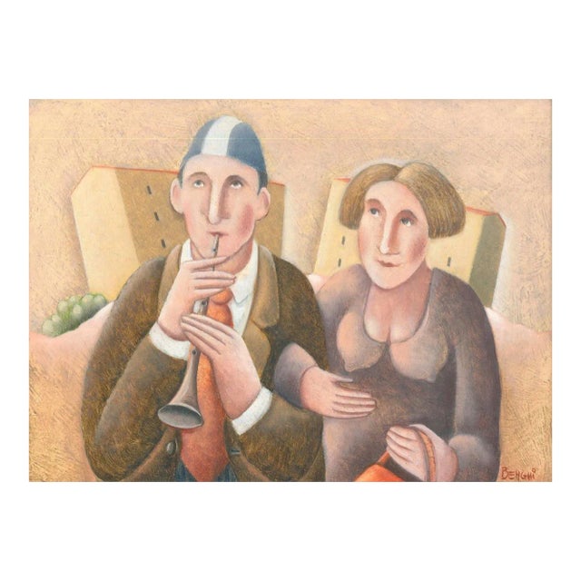 Primo Flauto e Signora - Original Oil on Wooden Panel by C. Benghi - 2000s For Sale
