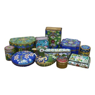 11 Vintage Enameled Cloisonne Trinket Keepsake Pill Match Boxes For Sale