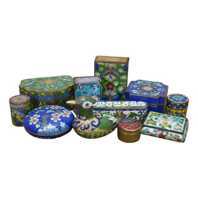 11 Vintage Enameled Cloisonne Trinket Keepsake Pill Match Boxes For Sale