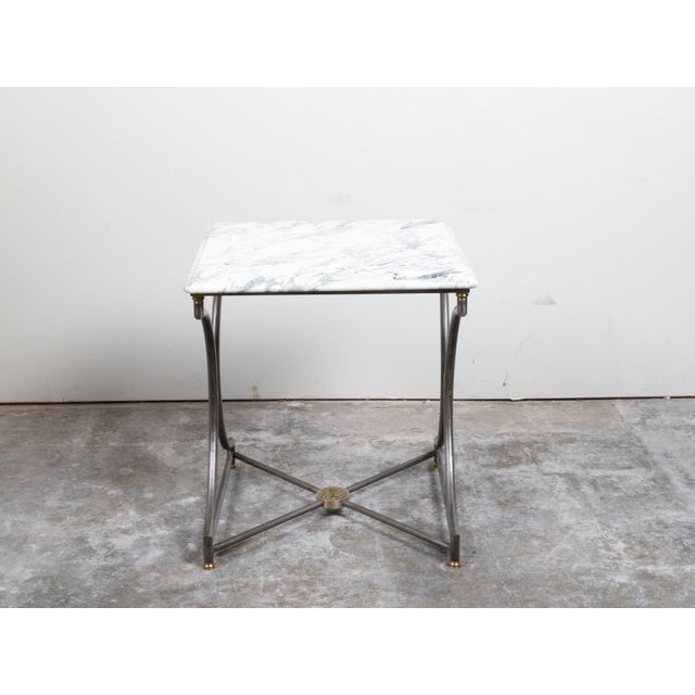 French Mid-Century Steel and Bronze Console Table with White Veined Marble Top For Sale - Image 12 of 12