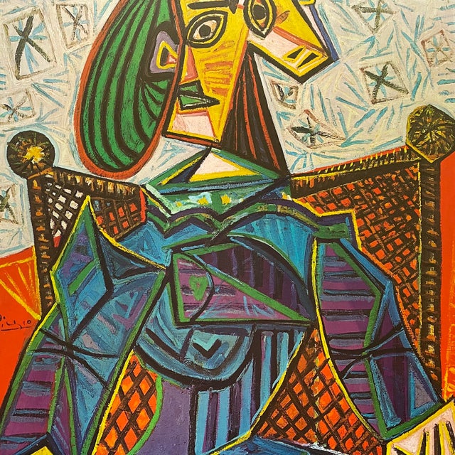 Olive Pablo Picasso Vintage 1968 Mid Century Danish Modern Lithograph Print Framed Cubist Exhibition Poster " Femme Assise Dans Un Fauteuil " 1941 For Sale - Image 8 of 18