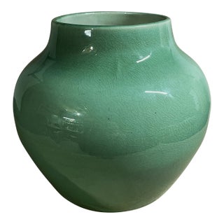 7" Tall Vase With Crackle Green Glaze Made in 1926 For Sale