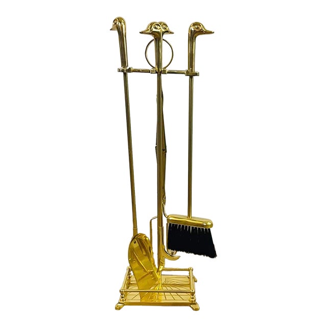 Vintage Brass Duck Head Fireplace Tools and Stand French Maison Jansen Style For Sale
