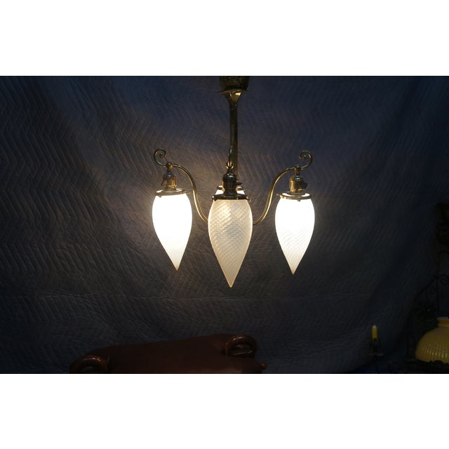 Antique Victorian Hubbell Opalescent Swirl Glass 4 Light Pendant Chandelier 38" For Sale - Image 11 of 14