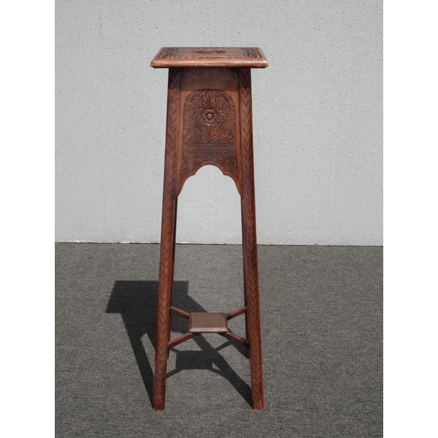 Asian Vintage Oriental Asian Solid Highly Carved Wood Brown Plant Stand Side Table For Sale - Image 3 of 10