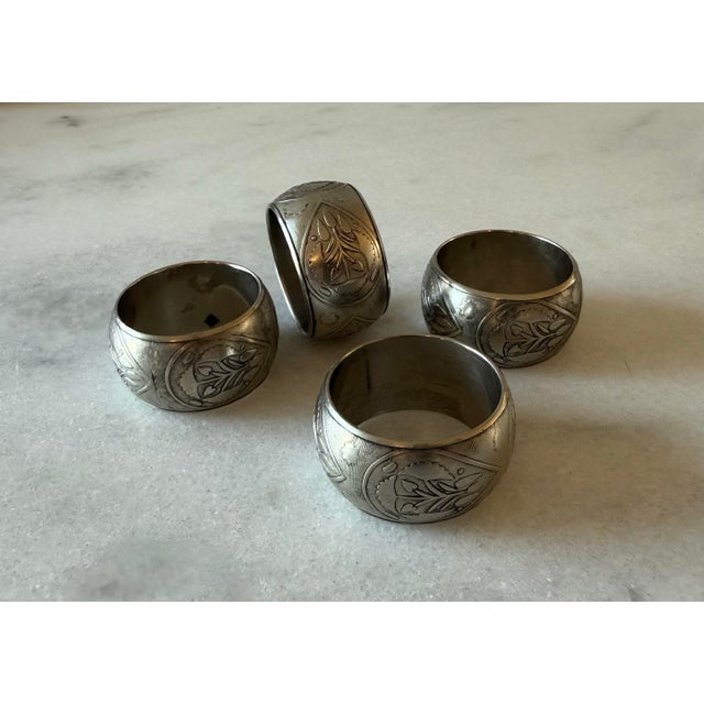 Set of 4 Engraved Silver Metal Napkin Rings For Sale In Austin - Image 6 of 7