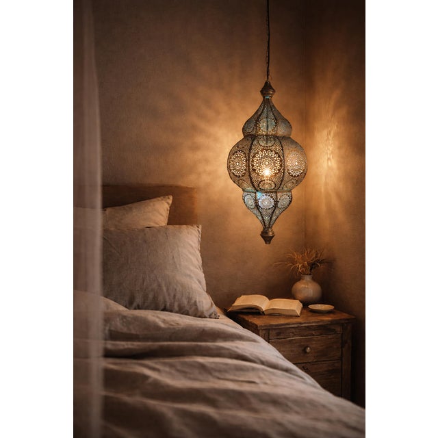 Early 21st Century Moorish Brass Blue Pendant Lantern For Sale - Image 5 of 8