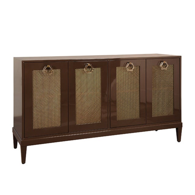 Not Yet Made - Made To Order Matthew Izzo Home Glossy Chocolate Brown Four Door Buffet Cabinet With Brass Mesh Doors and Acrylic Door Pulls For Sale - Image 5 of 9